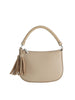 The Braided Handle Tassel Hobo Handbag is a beige faux leather bag with a braided single handle, large tassel accents on one side, and a detachable strap, displayed against a plain white background.