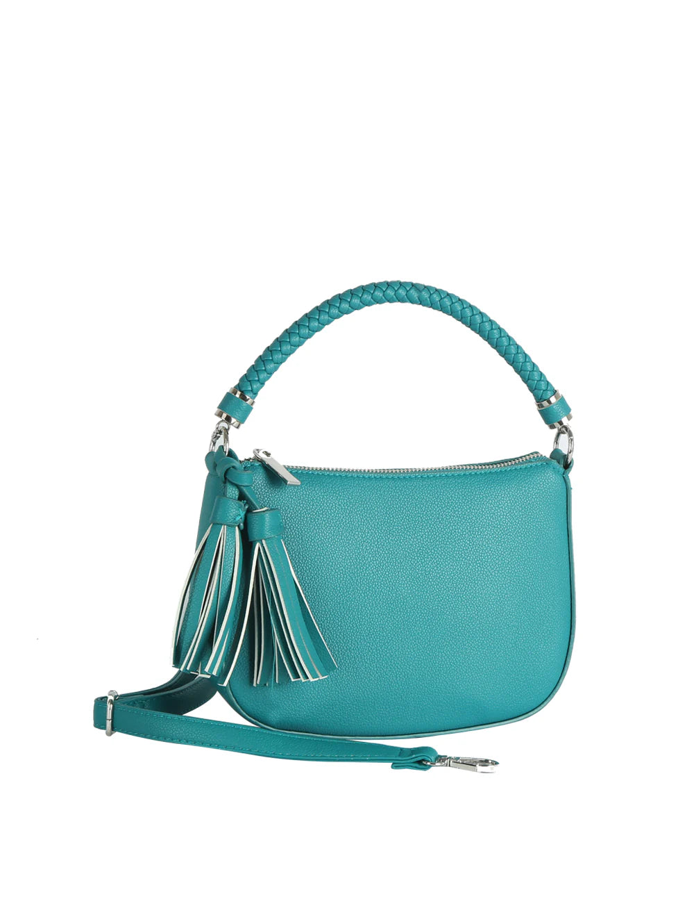 The Braided Handle Tassel Hobo Handbag features teal faux leather, a single braided handle, large decorative tassels, and a detachable strap, displayed against a plain white background.