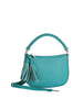 The Braided Handle Tassel Hobo Handbag features teal faux leather, a single braided handle, large decorative tassels, and a detachable strap, displayed against a plain white background.