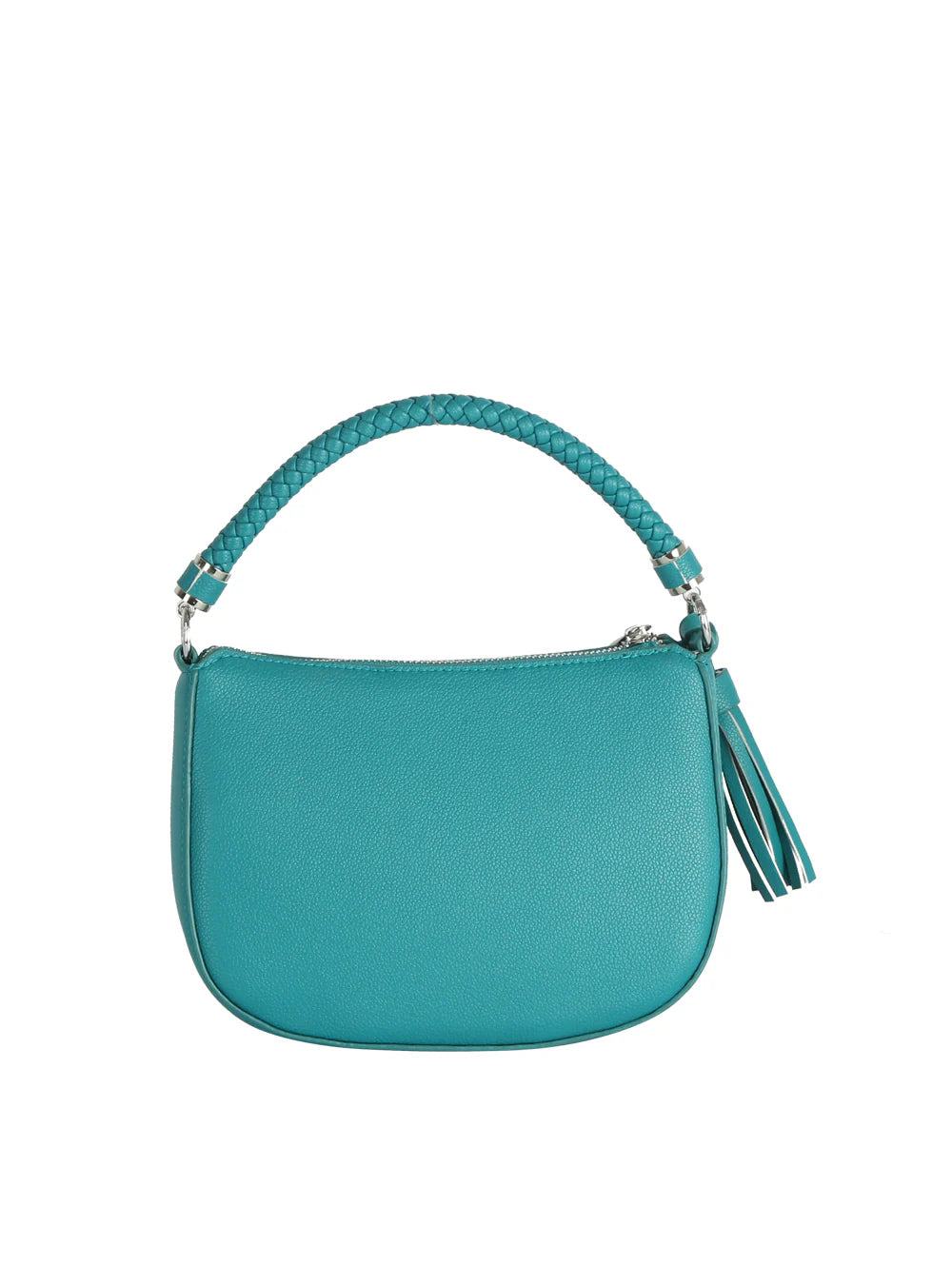 The Braided Handle Tassel Hobo Handbag features turquoise faux leather, a textured braided handle, silver zipper, and matching turquoise tassel, shown against a white background.