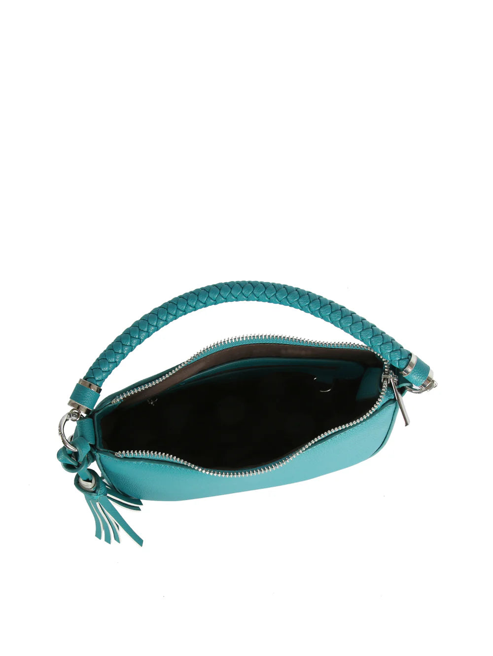 The Braided Handle Tassel Hobo Handbag features turquoise faux leather, a woven single handle, tassel detail, and a zippered opening, displayed from above to reveal the interior.
