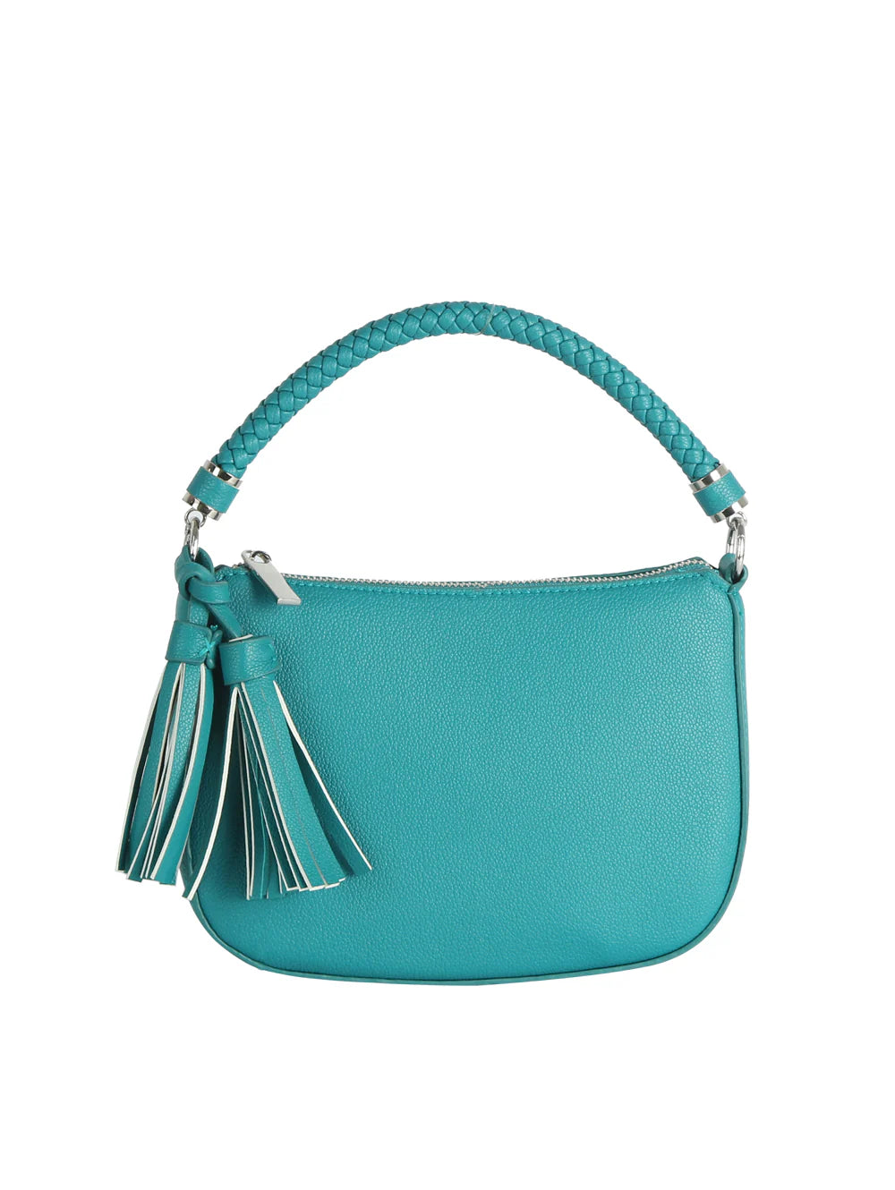 The Braided Handle Tassel Hobo Handbag is a turquoise faux leather bag with a braided handle, silver hardware, zip closure, two side tassels, and a detachable strap for versatile styling.