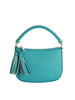 The Braided Handle Tassel Hobo Handbag is a turquoise faux leather bag with a braided handle, silver hardware, zip closure, two side tassels, and a detachable strap for versatile styling.