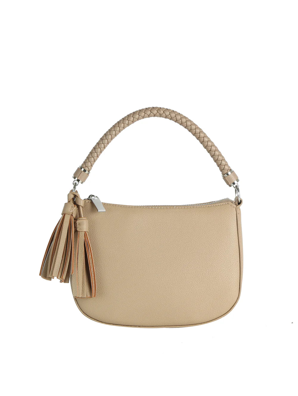 The Braided Handle Tassel Hobo Handbag features beige faux leather, a single braided handle, and two decorative tassels on one side, shown against a white background.