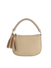 The Braided Handle Tassel Hobo Handbag features beige faux leather, a single braided handle, and two decorative tassels on one side, shown against a white background.