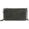 The Petite Square Stone Shoulder Bag is a black rectangular clutch made from simulated leather, adorned with shiny silver studs and finished with a silver chain strap attached to both sides.