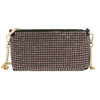 The Petite Square Stone Shoulder Bag is a rectangular clutch adorned with a grid of sparkling pink rhinestones, finished with gold hardware and a gold chain shoulder strap.