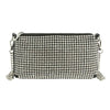 The Petite Square Stone Shoulder Bag is a black rectangular clutch crafted from simulated leather, adorned with sparkling rhinestones and finished with a silver chain strap attached at both ends.