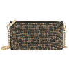 The Petite Square Stone Shoulder Bag is a black rectangular clutch crafted from simulated leather, featuring gold and black rhinestones in a grid, with a gold zipper and chain strap for versatile shoulder or clutch use.