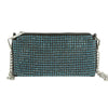 The Petite Square Stone Shoulder Bag is a rectangular clutch with a grid of blue rhinestones, a silver top zipper, chain strap for easy carrying, and crafted from luxurious simulated leather.