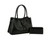 The Alligator Embossed Hand Tote Set in black faux leather, featuring a tote with two handles and a matching wallet, is displayed against a white background.