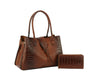 The Alligator Embossed Hand Tote Set features a brown faux leather tote with crocodile pattern, two handles, and a buckle flap, shown beside the matching wallet on a white background.