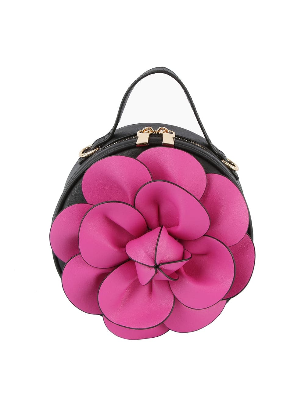 The Raised Flower Petite Handbag is a round black faux leather bag with a top handle, adorned by a large layered pink flower on the front and finished with a zip closure.