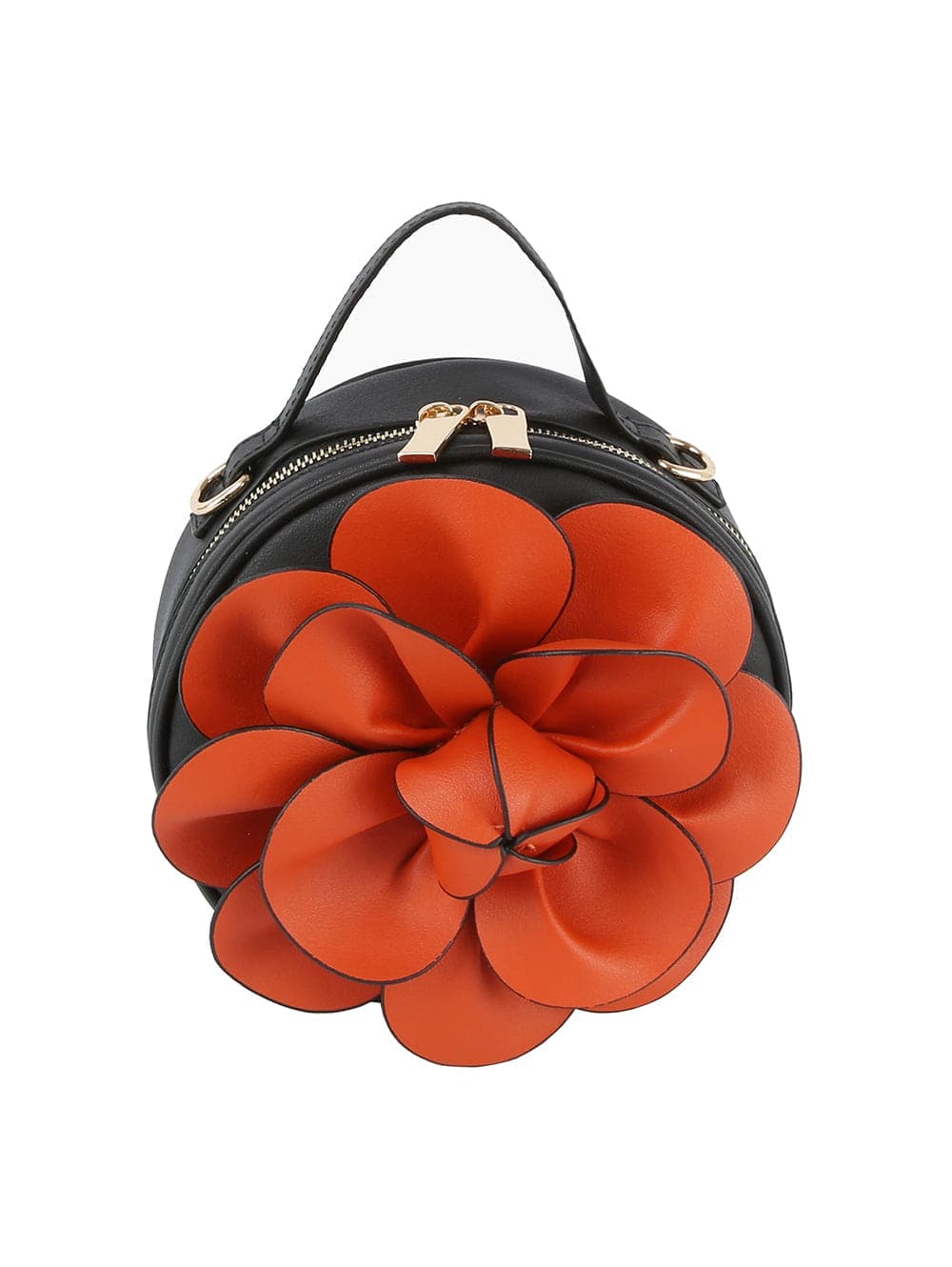 The Raised Flower Petite Handbag is a black, round faux leather bag with a gold zip, single top handle, and a striking red-orange flower on the front.