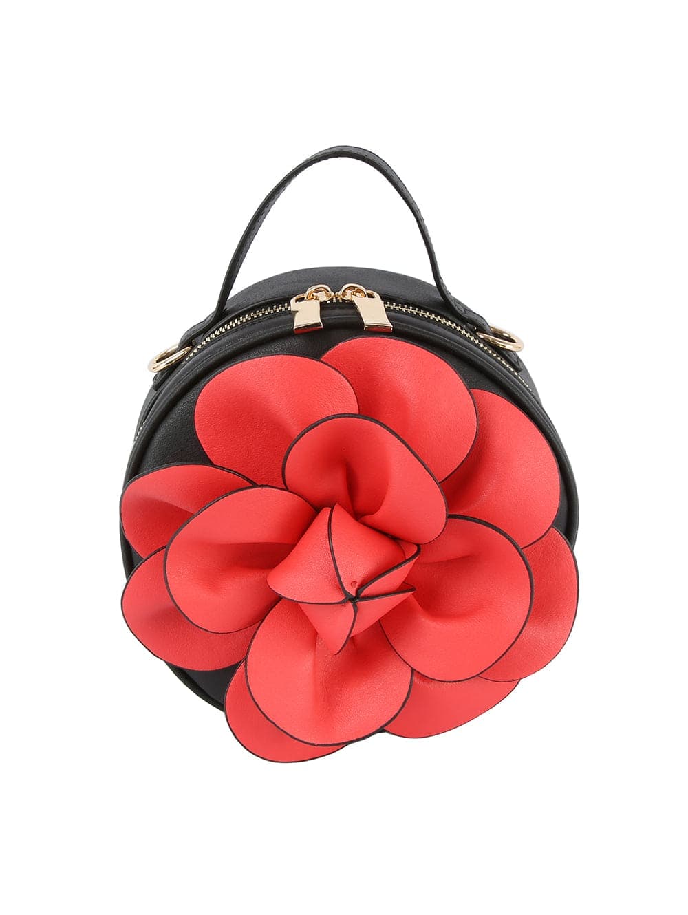 The Raised Flower Petite Handbag is a round black faux leather bag with a top handle, zip closure, and a bold red flower with black-edged petals decorates the front.