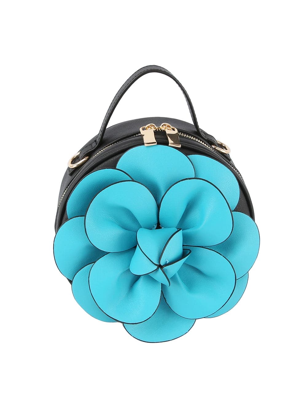 The Raised Flower Petite Handbag is a round black faux leather bag with a top handle and a bold 3D blue flower on the front, finished with gold zip accents.