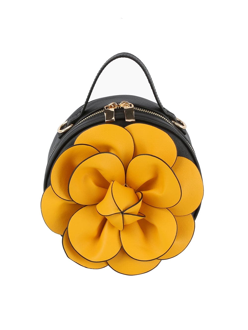The Raised Flower Petite Handbag is a round black faux leather bag with a top handle, gold zip closure, and a large yellow raised flower with layered black-outlined petals—making it a standout accessory.