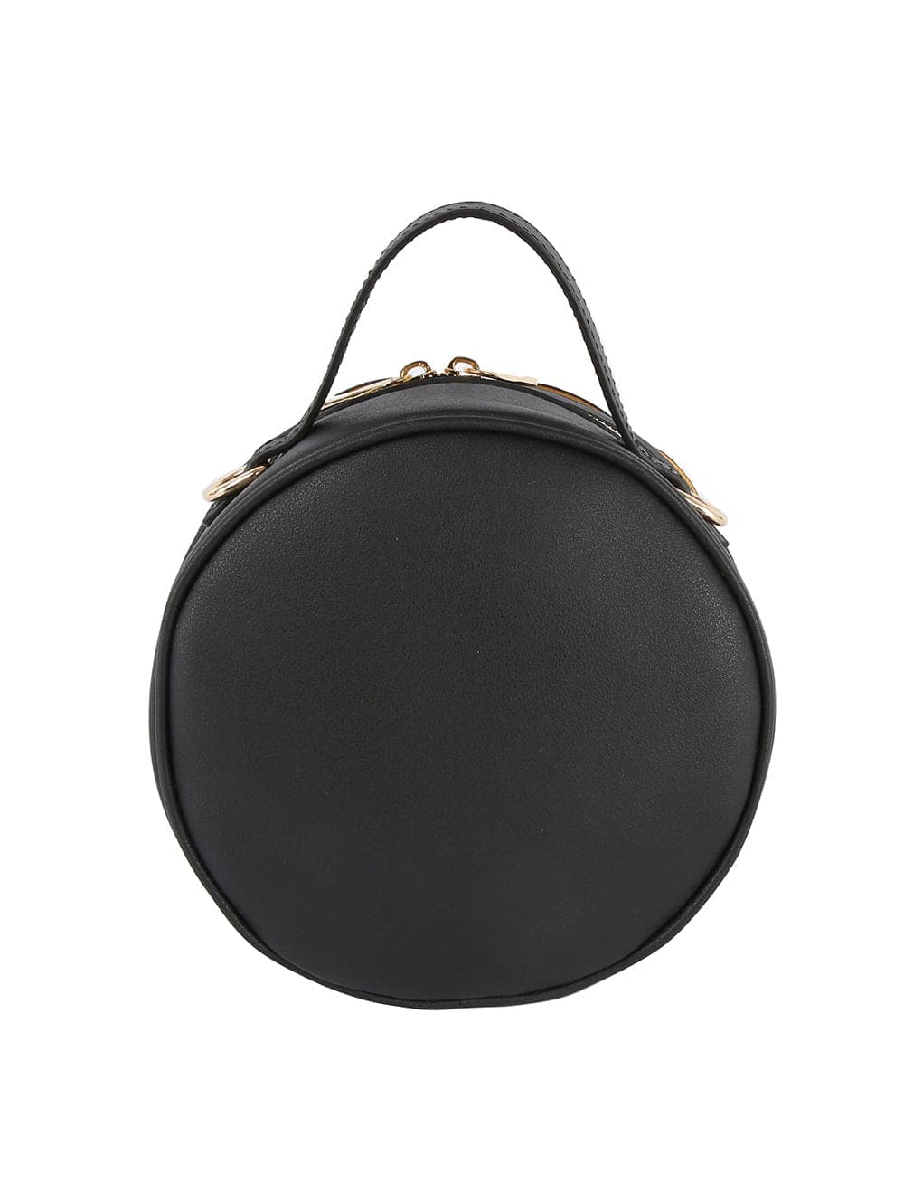 The Raised Flower Petite Handbag is a round black faux leather bag with gold accents, a short top handle, and zip closure, shown against a white background.