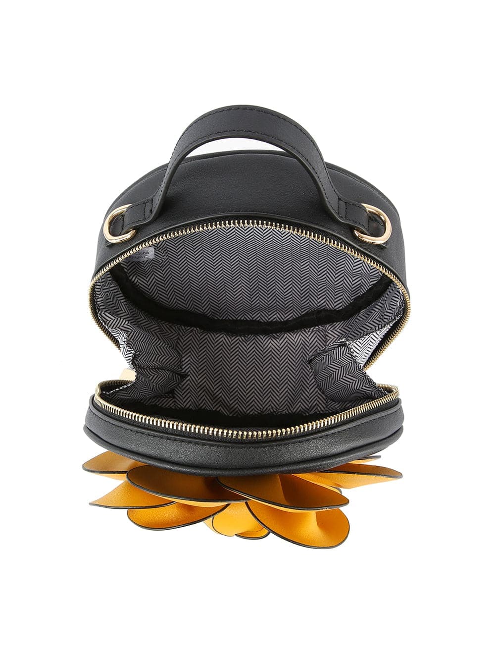 The Raised Flower Petite Handbag is a small black faux leather bag with a gold zip, featuring a herringbone lining and yellow petal accents along the bottom for a subtle floral touch.