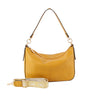 The Mini Shoulder Bag With Guitar Strap features mustard yellow faux leather, a single top handle, gold hardware, and comes with an adjustable yellow and white guitar strap for versatile styling.