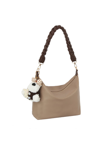 Braided Handle Slouch Hobo Shoulder Bag with Dog Charm