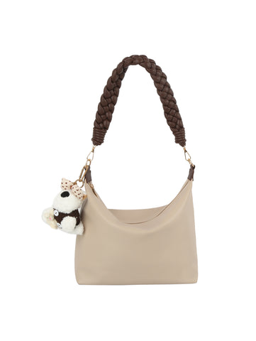 Braided Handle Slouch Hobo Shoulder Bag with Dog Charm