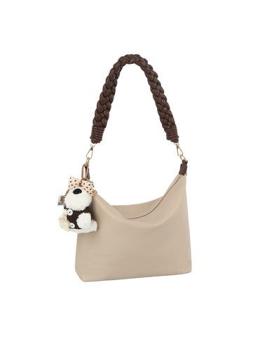 Braided Handle Slouch Hobo Shoulder Bag with Dog Charm