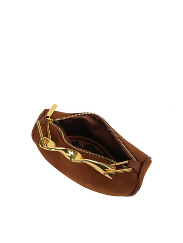 Sculpted Metal Handle Suede Half-Moon Shoulder Bag