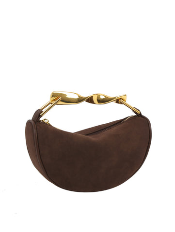 Sculpted Metal Handle Suede Half-Moon Shoulder Bag