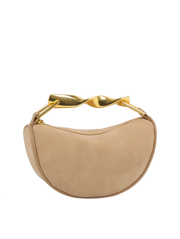 Sculpted Metal Handle Suede Half-Moon Shoulder Bag
