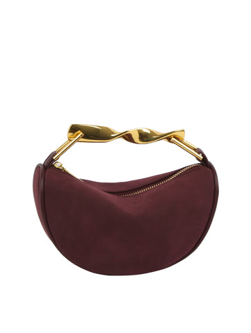 Sculpted Metal Handle Suede Half-Moon Shoulder Bag