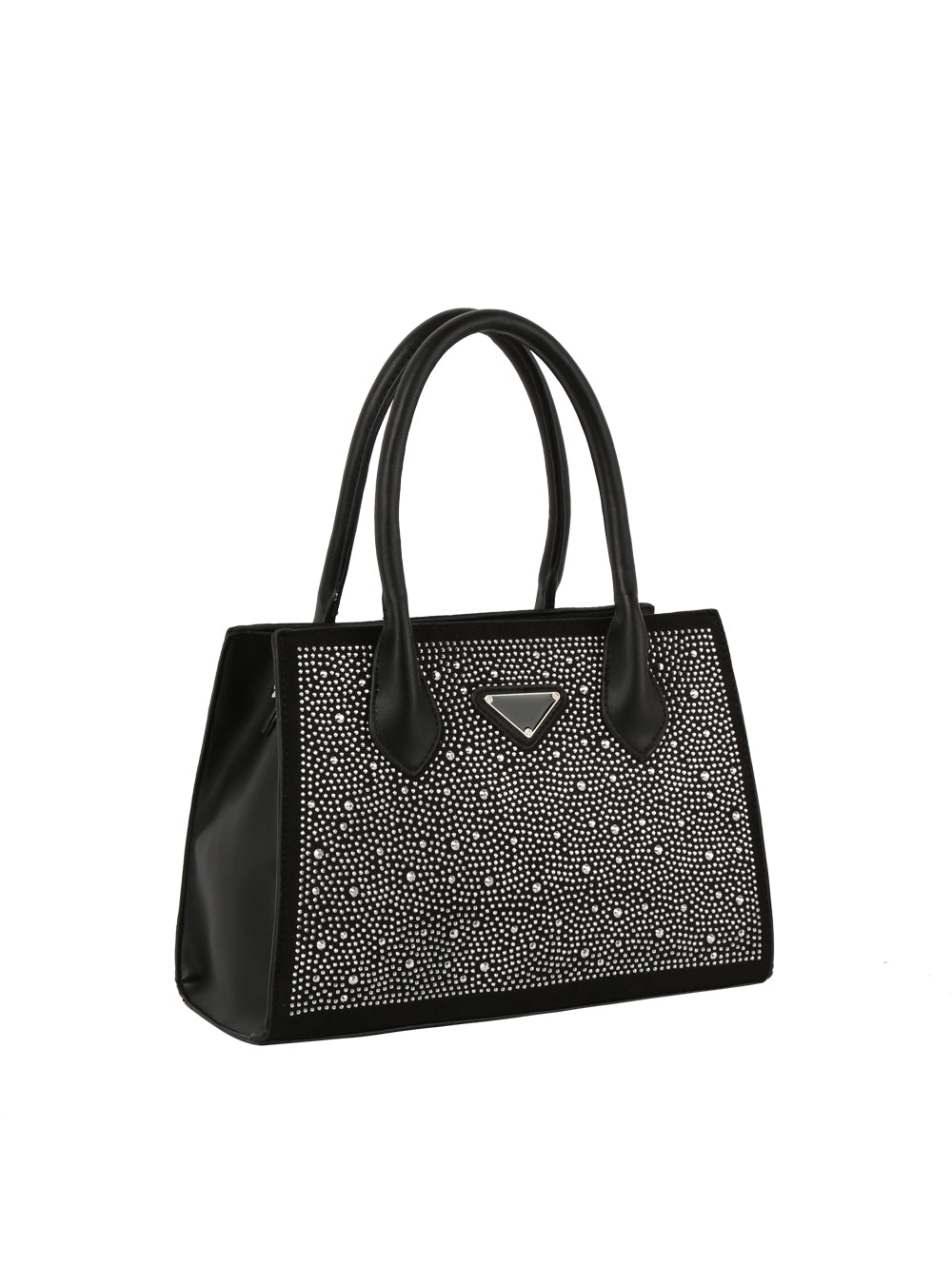 The Dazzling Rhinestone Accented Hand Tote is a black faux leather handbag with double handles, a front panel adorned with sparkling rhinestones, and a triangular metal logo plate.