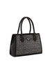 The Dazzling Rhinestone Accented Hand Tote is a black faux leather handbag with double handles, a front panel adorned with sparkling rhinestones, and a triangular metal logo plate.