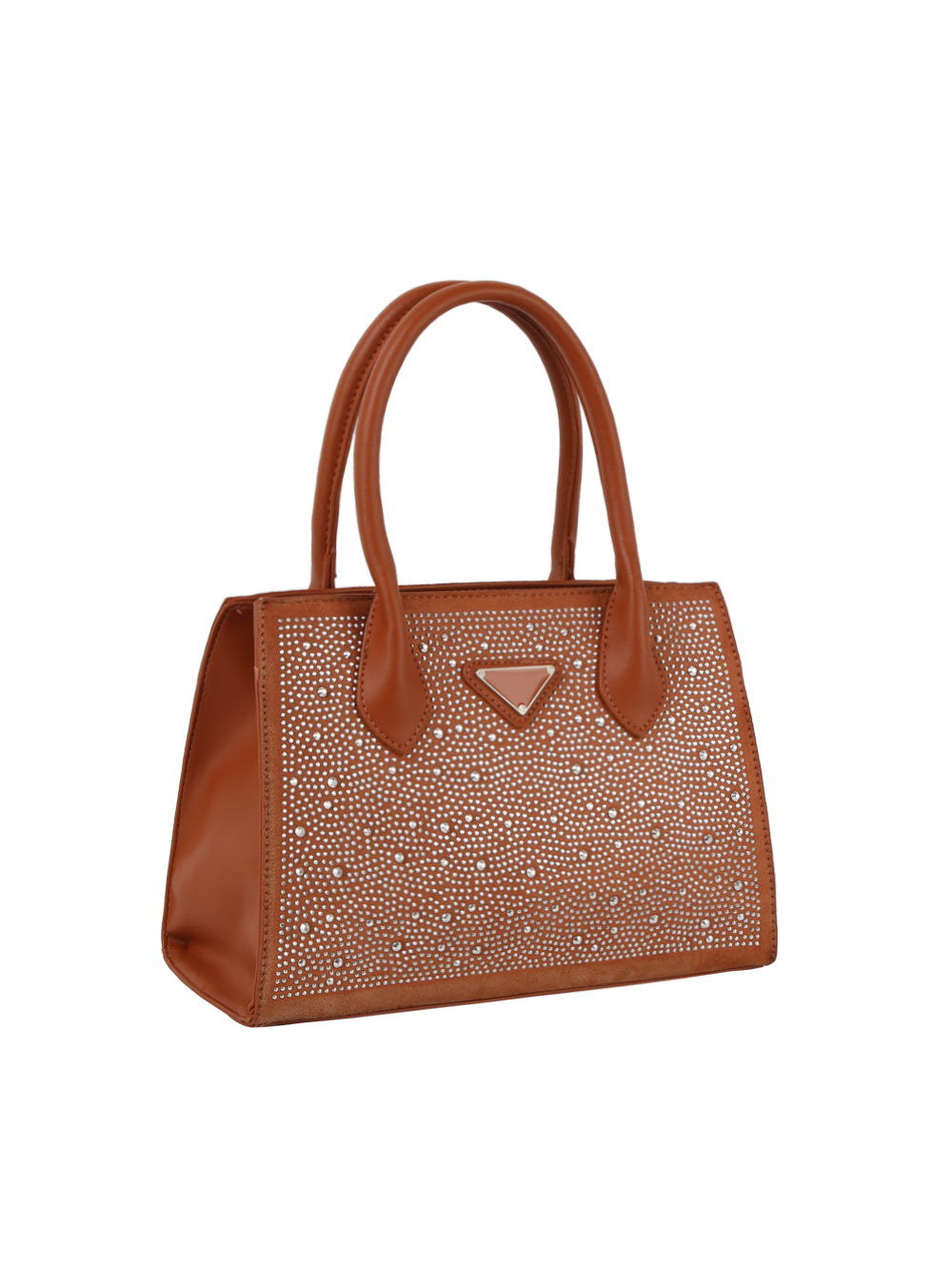 The Dazzling Rhinestone Accented Hand Tote is a brown double handle faux leather purse featuring a front panel with small, evenly spaced silver rhinestones and a central triangular metal accent—perfect for everyday style.