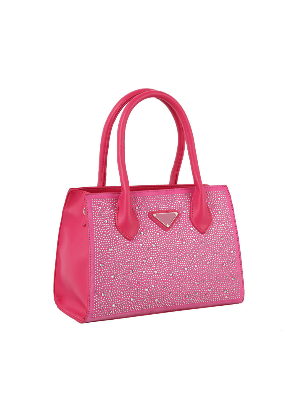 The Dazzling Rhinestone Accented Hand Tote is a pink faux leather handbag with two handles, embellished with small silver studs in a grid pattern on the front and finished with a metallic triangular logo plate.
