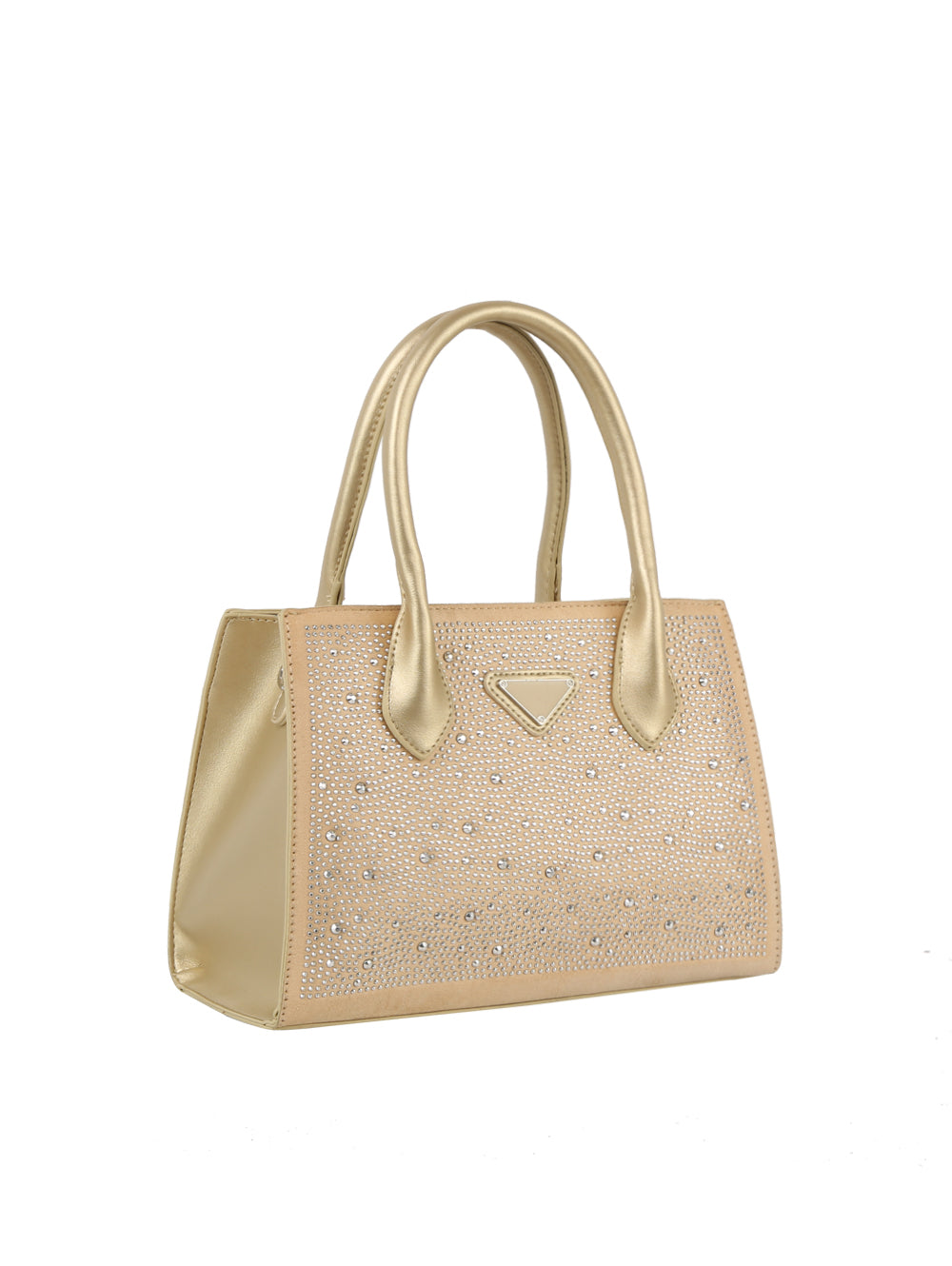 The Dazzling Rhinestone Accented Hand Tote is a gold double handle purse made from faux leather, featuring sparkling rhinestones on the front, shown against a plain white background.