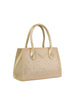 The Dazzling Rhinestone Accented Hand Tote is a gold double handle purse made from faux leather, featuring sparkling rhinestones on the front, shown against a plain white background.