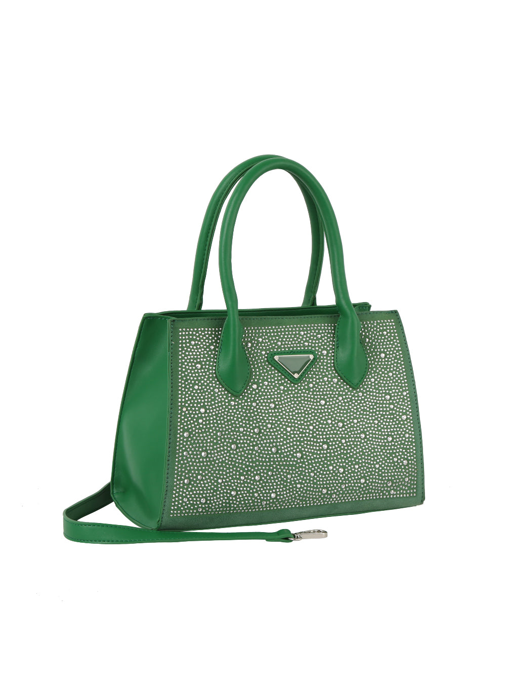 The Dazzling Rhinestone Accented Hand Tote is a green faux leather purse with double handles, a detachable shoulder strap, and a front panel decorated with sparkling silver studs—offering both style and practicality.