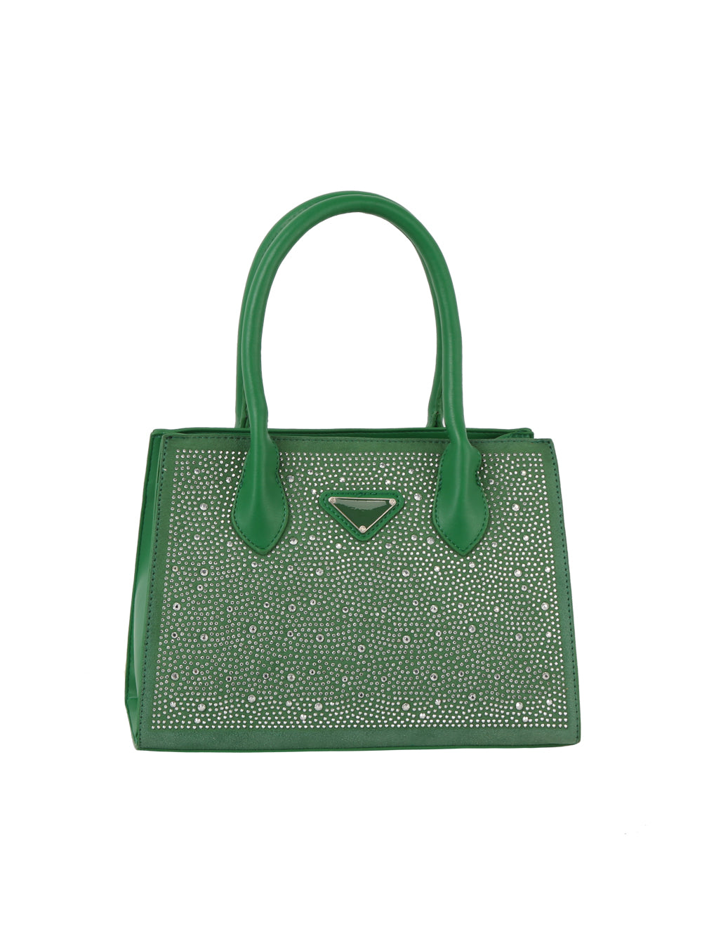 The Dazzling Rhinestone Accented Hand Tote is a green faux leather bag with two handles, a rectangular shape, and a front panel decorated with small silver studs in an elegant pattern.