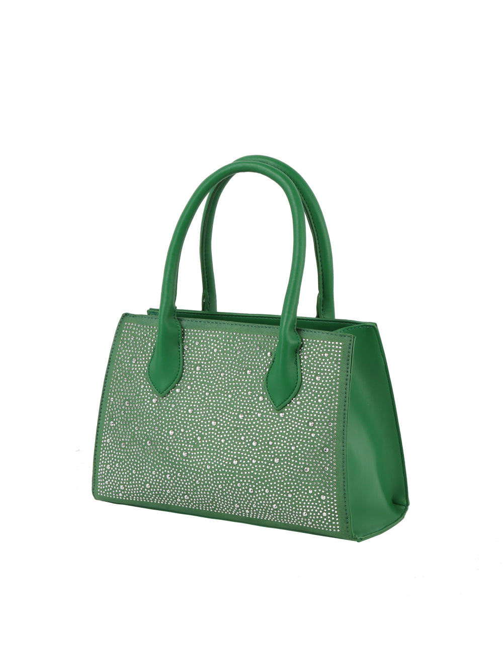 The Dazzling Rhinestone Accented Hand Tote is a green faux leather handbag with double handles, a rectangular shape, a smooth finish, and a front panel adorned with sparkling rhinestones. It’s also tablet compatible.