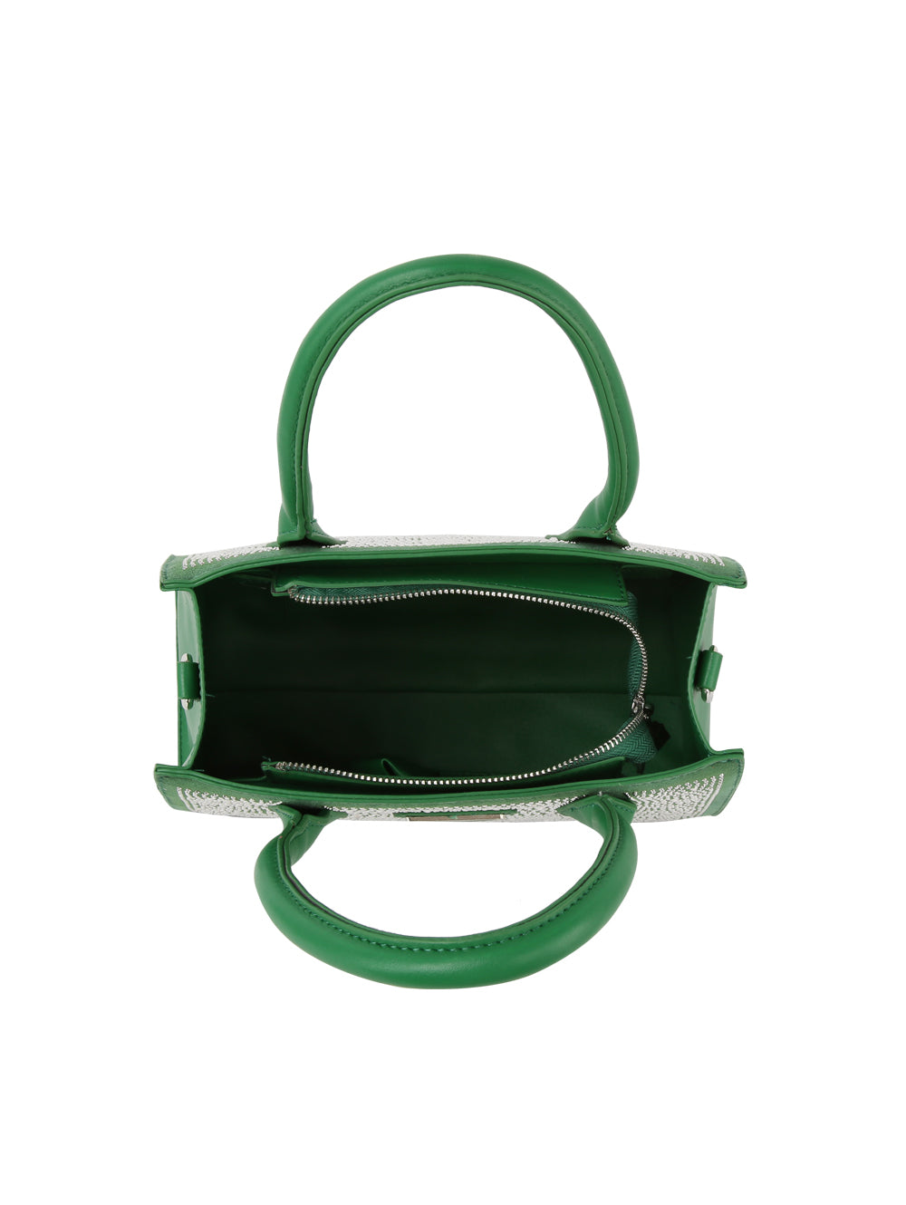 Top view of the Dazzling Rhinestone Accented Hand Tote in green with double handles, spacious interior, and zip pocket. This structured faux leather purse fits essentials and your tablet, making it both elegant and practical.