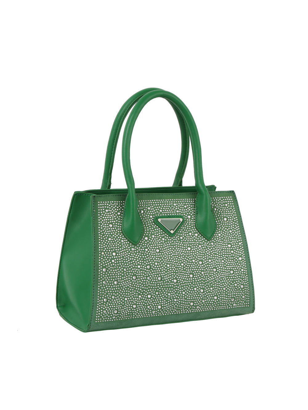 The Dazzling Rhinestone Accented Hand Tote is a green faux leather bag with double handles, front rhinestone accents, and a small triangular metal logo plate.