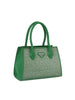 The Dazzling Rhinestone Accented Hand Tote is a green faux leather bag with double handles, front rhinestone accents, and a small triangular metal logo plate.