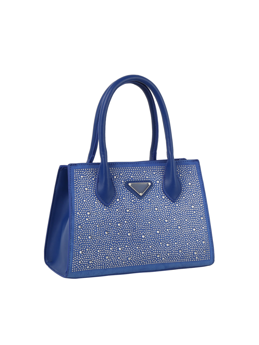 The Dazzling Rhinestone Accented Hand Tote is a blue faux leather handbag with two handles, a structured rectangular shape, rhinestones on the front and sides, and a small triangular metal logo plate.