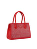 The Dazzling Rhinestone Accented Hand Tote is a bright red faux leather handbag with double handles, a rhinestone-covered front panel, and a triangular metallic logo plate.
