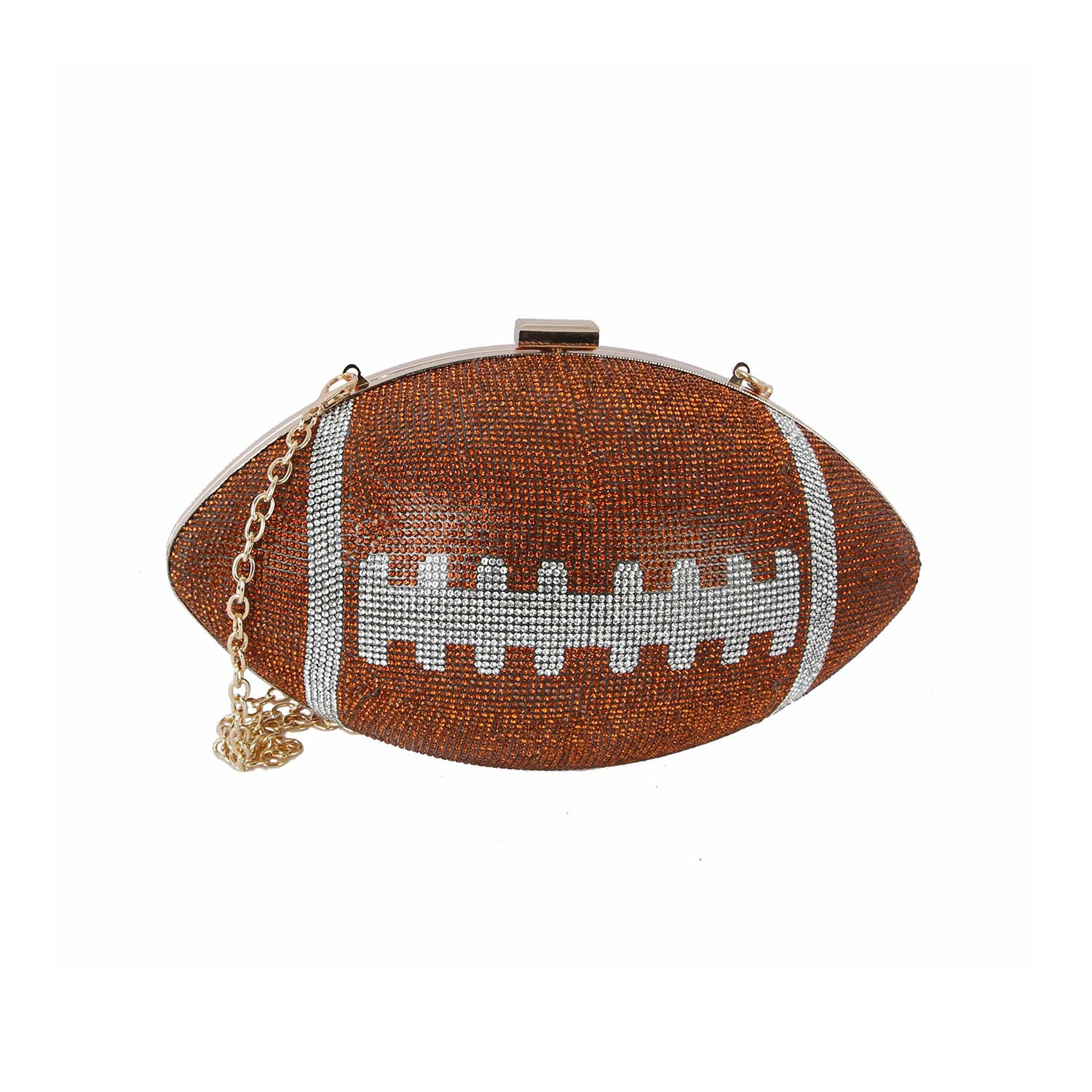 *FINAL SALE ITEM* Rhinestone Bling Football Bag: A small bag shaped like an American football, covered in brown and white rhinestones, featuring a gold chain strap. All sales are final.