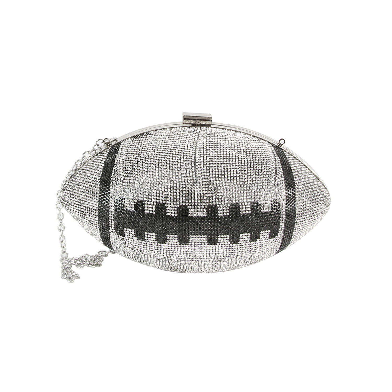 Add game-day glam with the *FINAL SALE ITEM* Rhinestone Bling Football Bag—a sparkling football-shaped clutch covered in silver rhinestones, with black accents and a silver chain strap. All sales final.