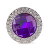 The Gem and Rhinestone Purse Hanger features a round design with a large faceted purple gem at the center, surrounded by sparkling clear rhinestones in silver-tone metal—ideal for adding vintage glamour to your bag or scarf.