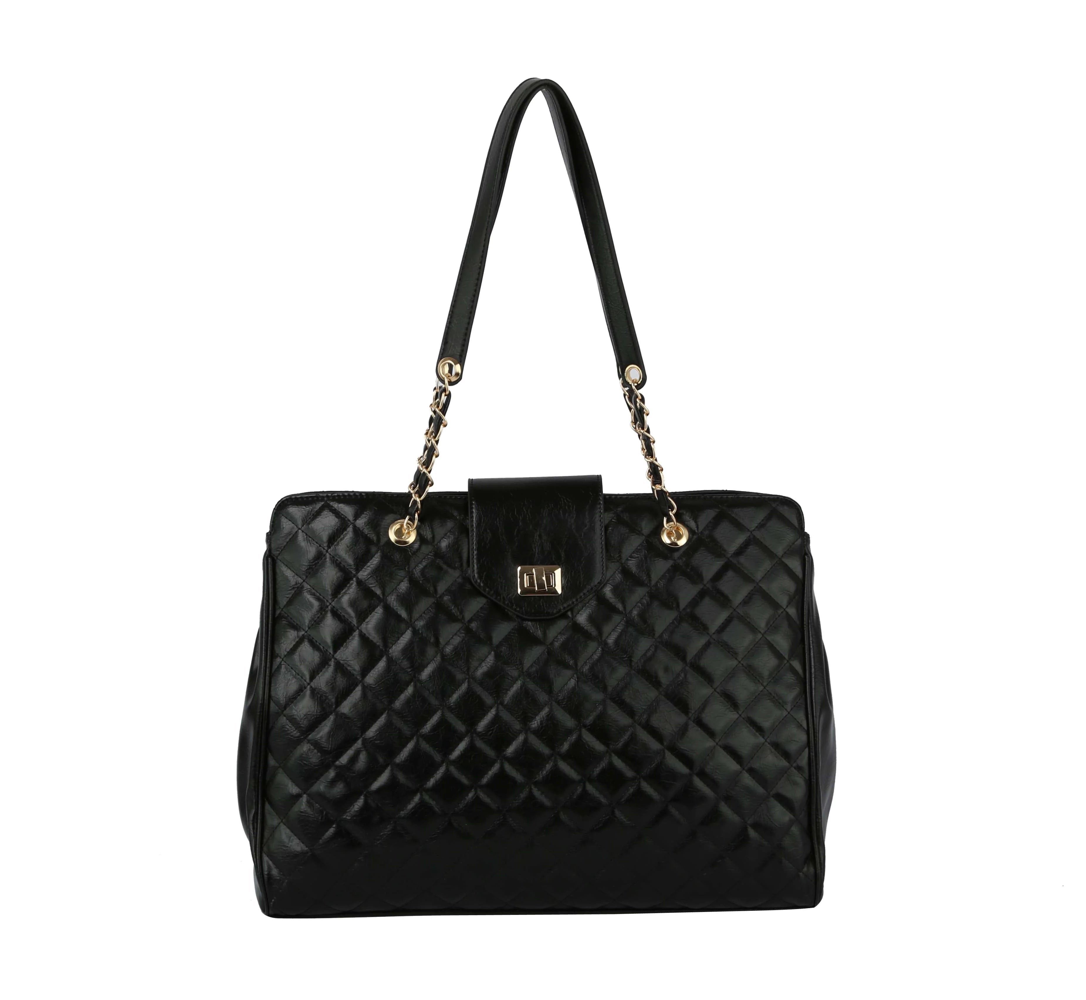 The Oversized Quilted Tote Travel Bag is a black faux leather handbag with double shoulder straps, gold chain accents, and a gold clasp on the front flap.