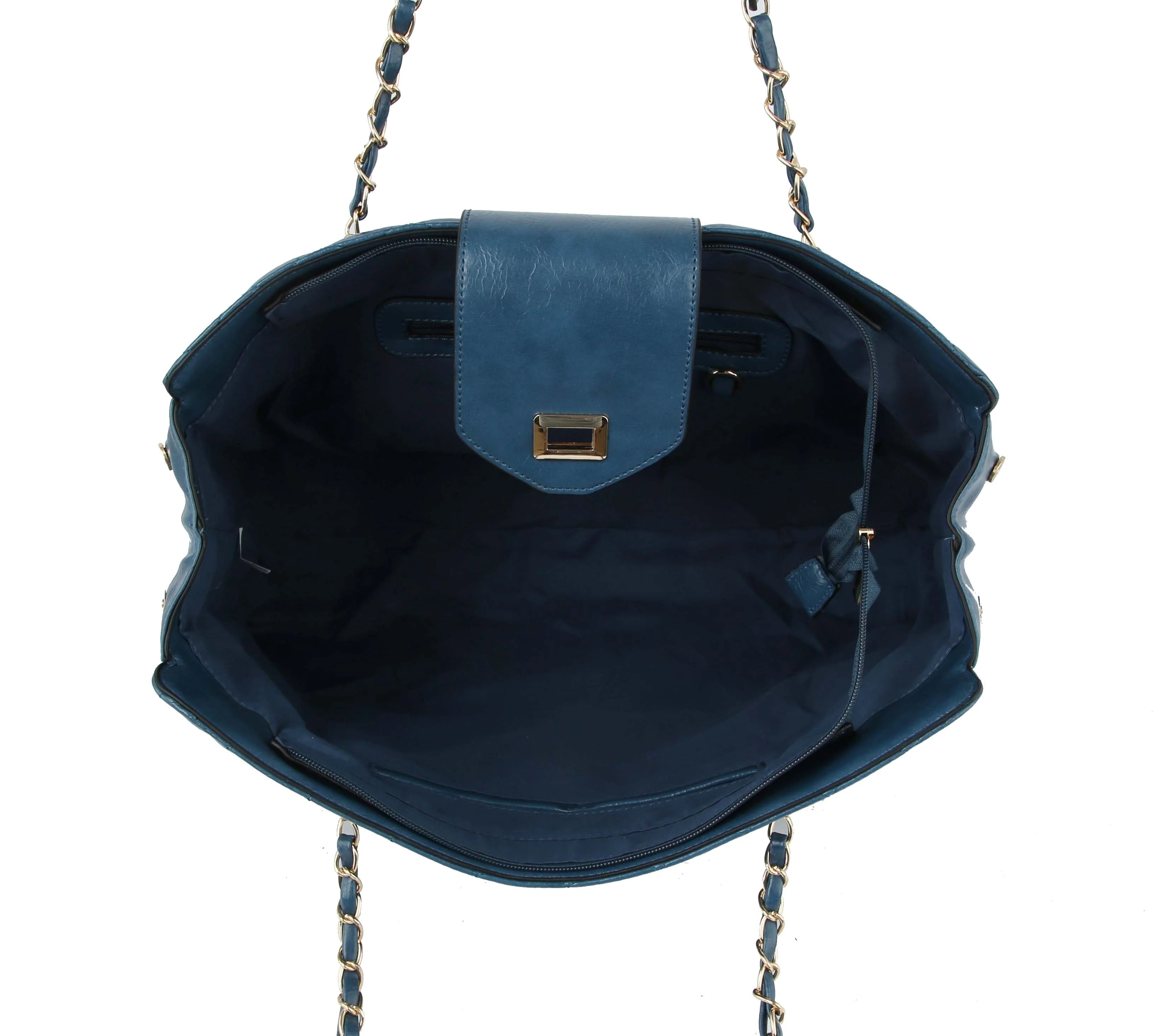 A top-down view of the Oversized Quilted Tote Travel Bag in blue faux leather, featuring a flap with a gold clasp, chain straps, and a spacious dark-lined interior—sleek and perfect as a travel tote.